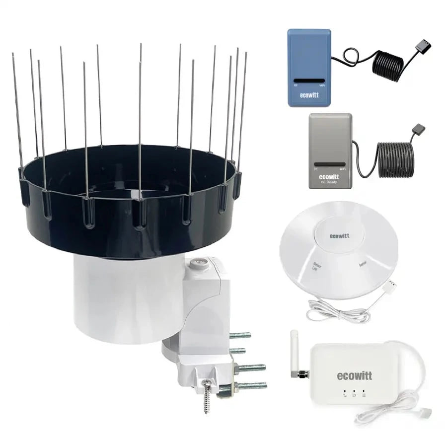 Collection of Ecowitt gateways and a WH40H wireless rain gauge