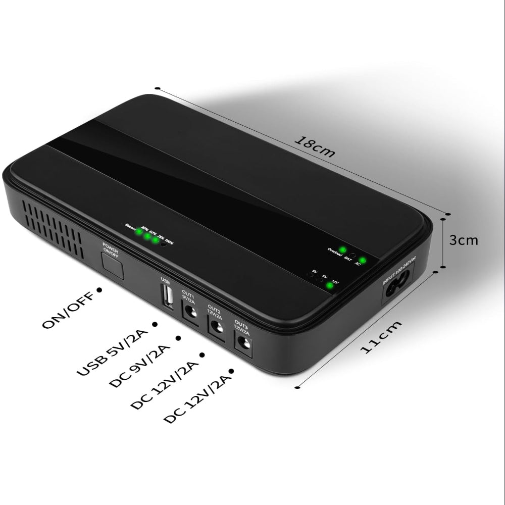 Black power adapter with multiple output ports and dimensions labeled on a white background