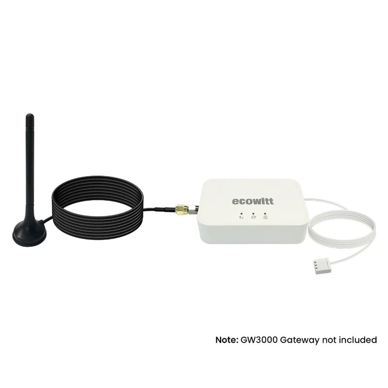 White electronic device with antenna on a white background, featuring the brand 'ecowitt'.
