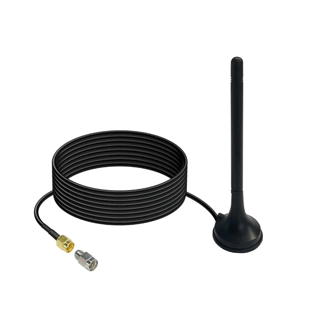 Black antenna with coiled cable on a white background
