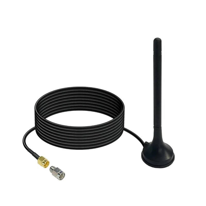 Black antenna with coiled cable on a white background