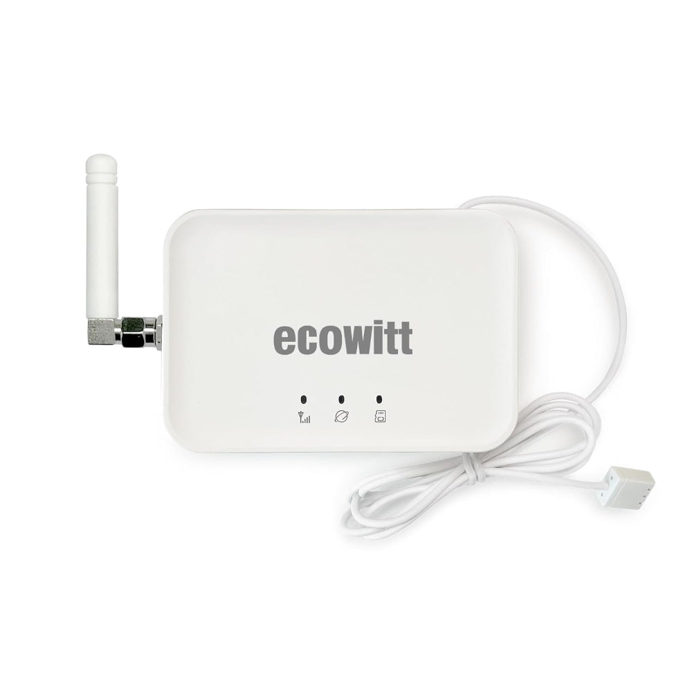 Ecowitt GW3000 WiFi or Wired Gateway with SD Card Slot, including a USB type C power cable and an external antenna.
