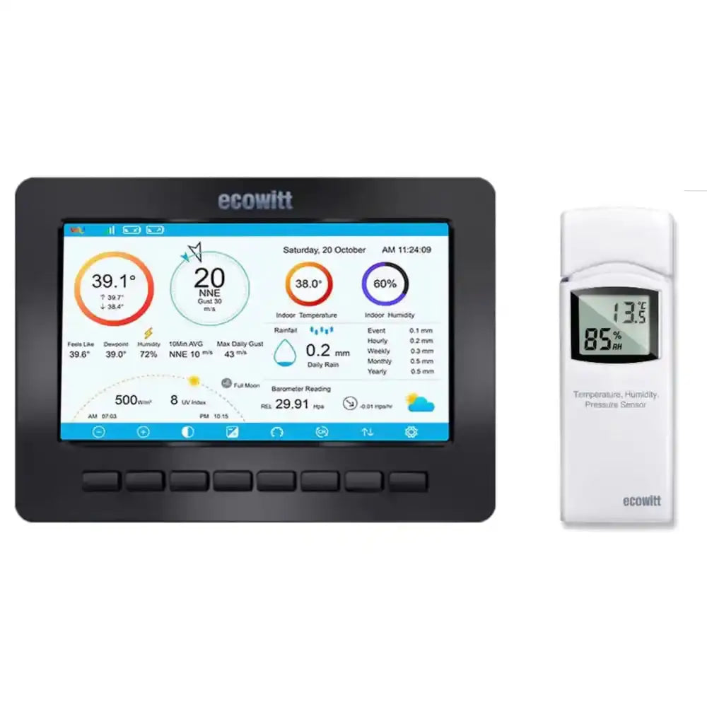 Ecowitt weather station with a large display and indoor sensor on a white background