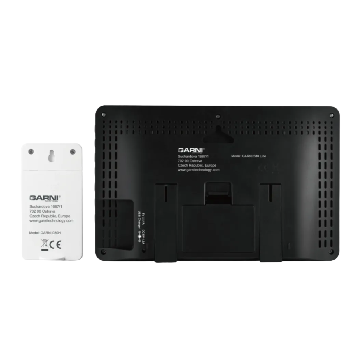 A GARNI 580 station power connections shown from the back, featuring a large black rectangular unit and a smaller white rectangular sensor, both printed with branding and specifications.