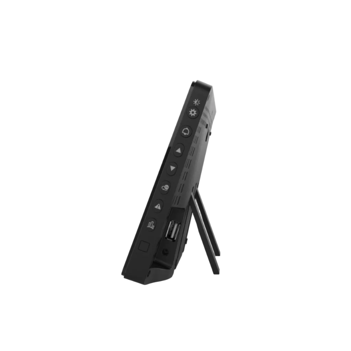 A GARNI 580 digital display stand with side control buttons and multiple ports, shown from a side profile view on a white background.