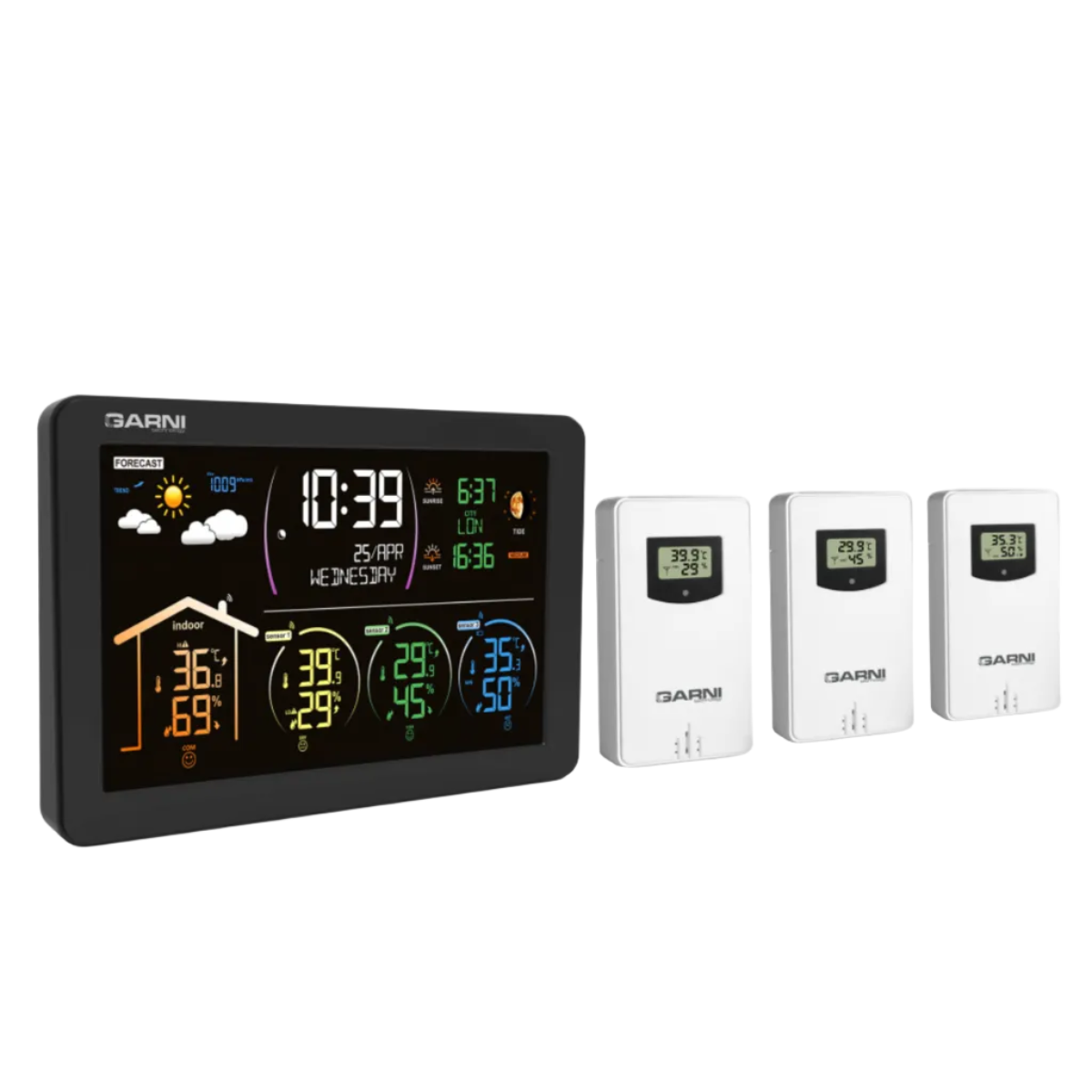 A GARNI 580 weather and temperature monitor shown on a white background, with one large black screen unit and three smaller white sensor units beside it. 
