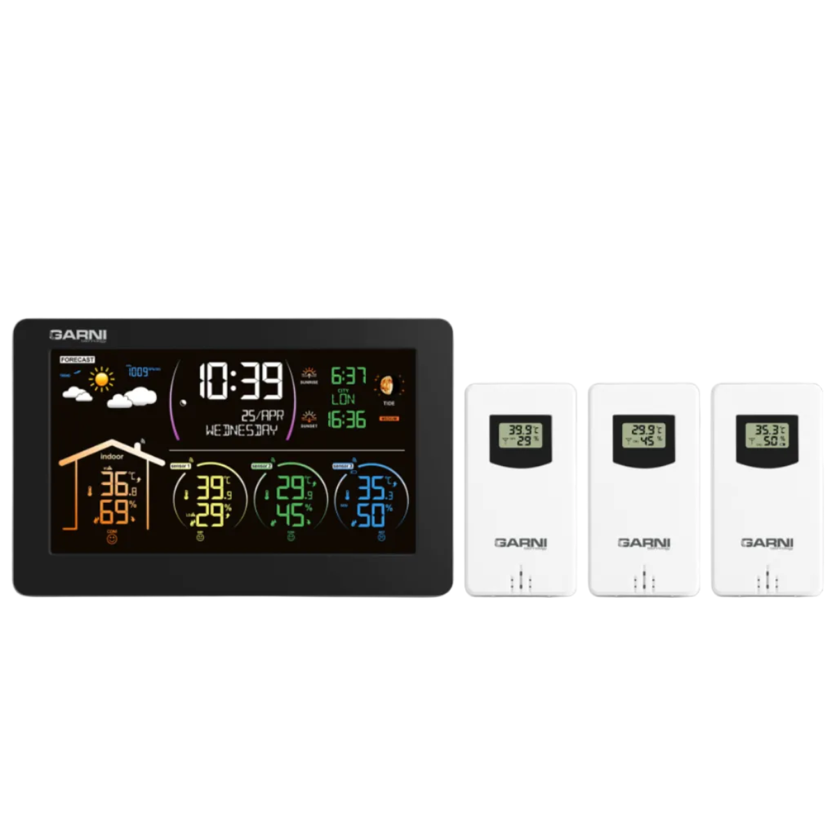 A GARNI 580 weather and temperature monitor shown on a white background, with one large black screen unit and three smaller white sensor units beside it. 