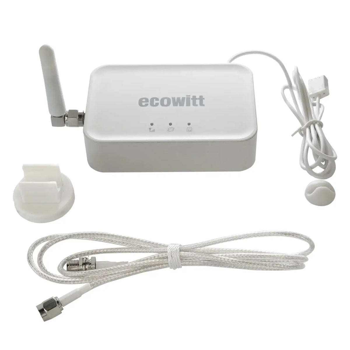 White Ecowitt Gateway Wi-Fi access point with an external antenna, included mounting brackets, power cable and antenna extension cable on a white background.