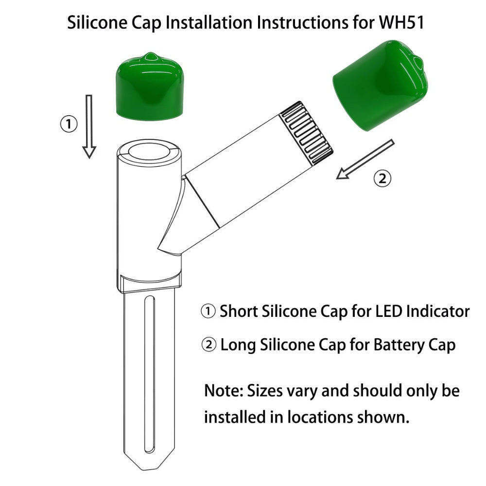 Diagram of silicone cap installation instructions for WH51 with labeled parts and arrows.