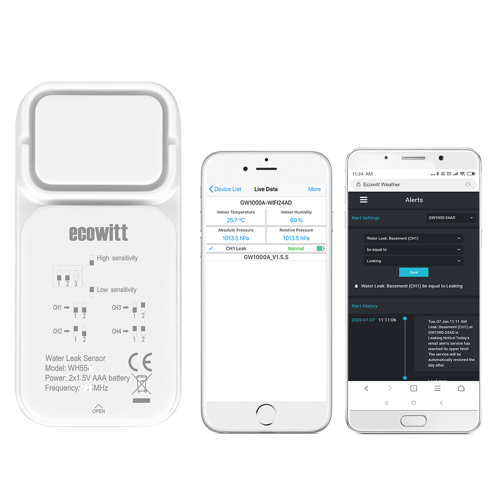 Ecowitt WH55 Wireless Water Leak Sensor with 90db Alarm Weather Spares